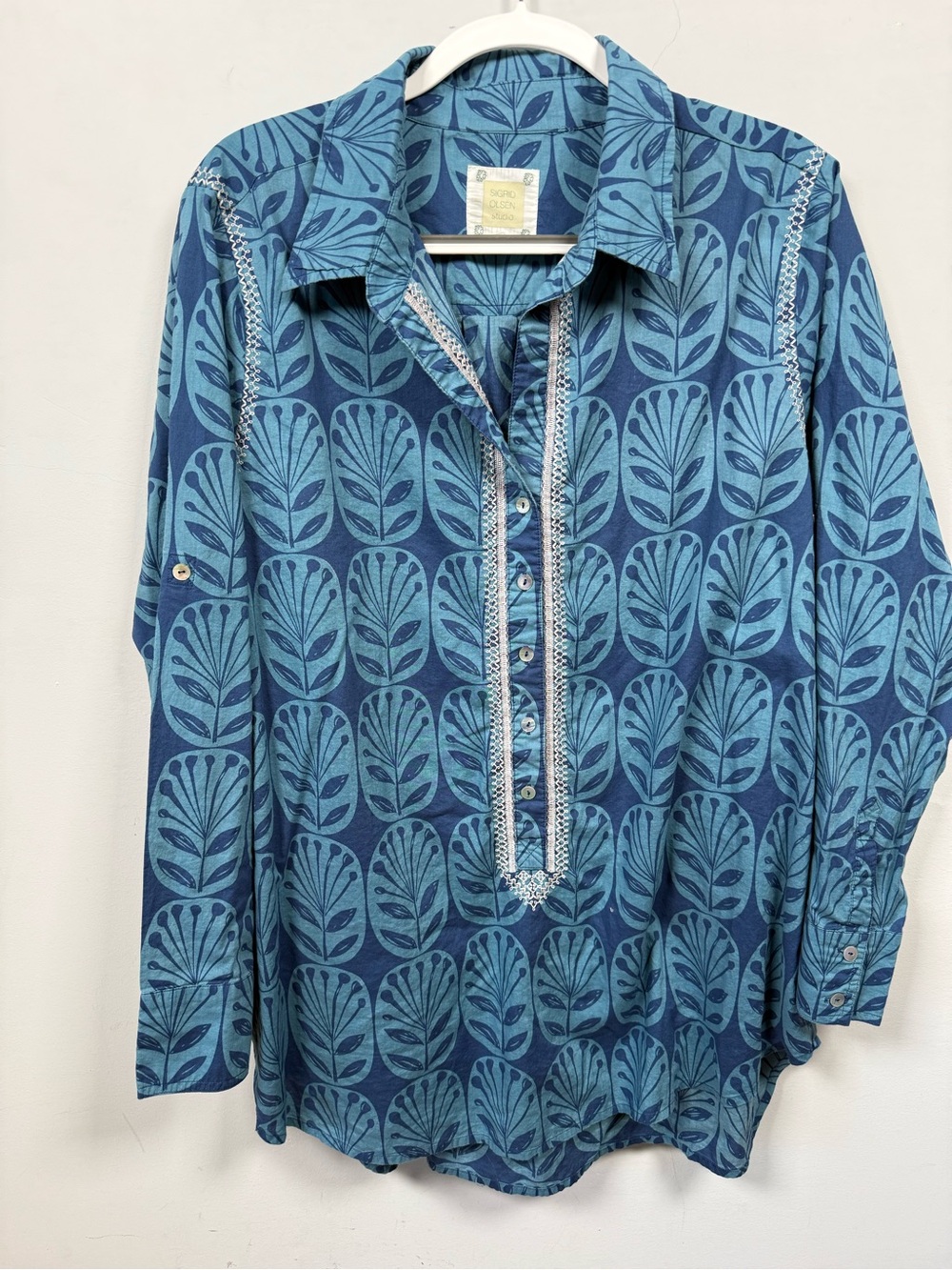 Sigrid Olsen 100% Cotton Embroidered Tunic Blouse Blue Leaf Popover 1X